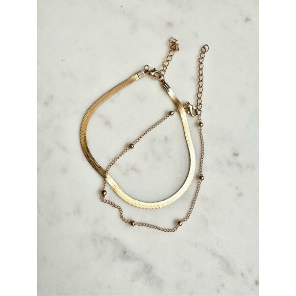 Chain-link with small gold balls and snake chain anklet set of two ￼ - Picture 1 of 2